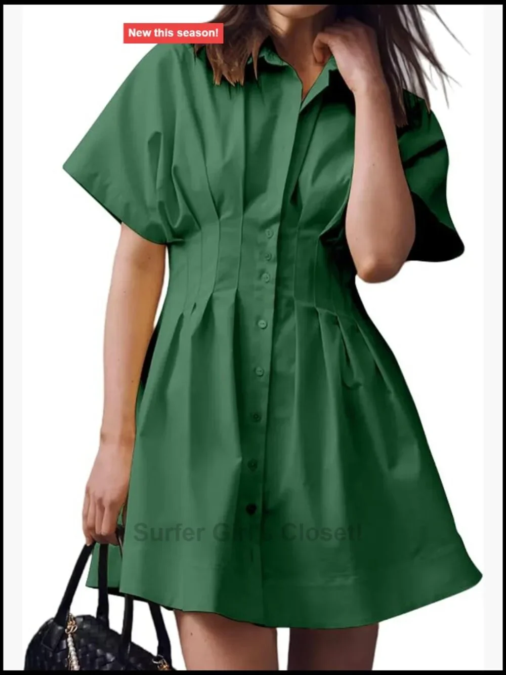 Pleated Button Down Shirt Dress Short Sleeve Mini A-Line